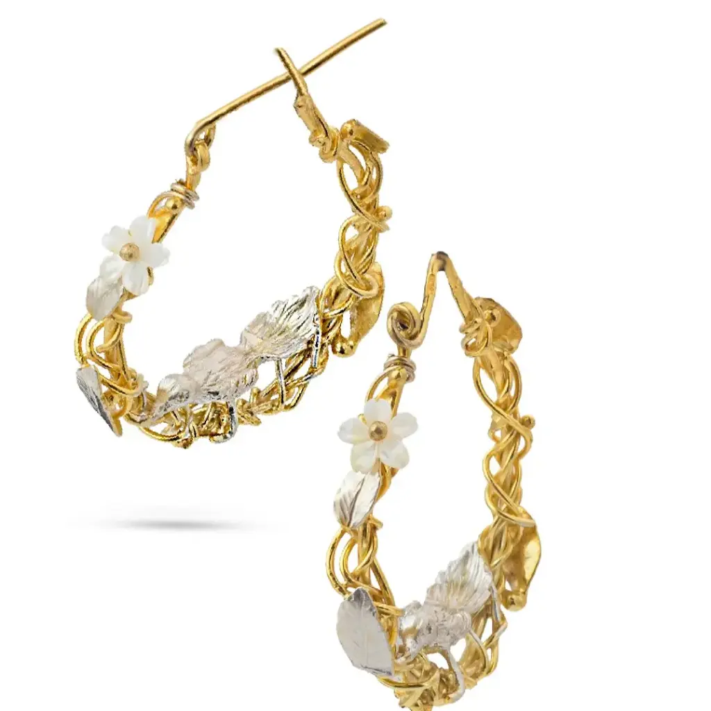 La Fleur Collection, Handmade, Sterling Silver, Gold & Platinum Plated, Engraved bird Earrings & Nest wire with Mother of Pearls flower Earrings