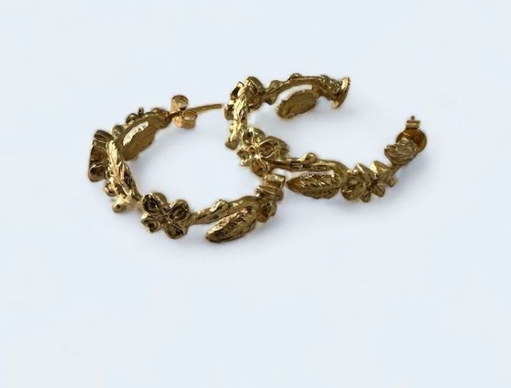 La Fleur Collection,Handmade , Sterling Silver, Gold Plated , Flowers & Leaves Hoop Earring