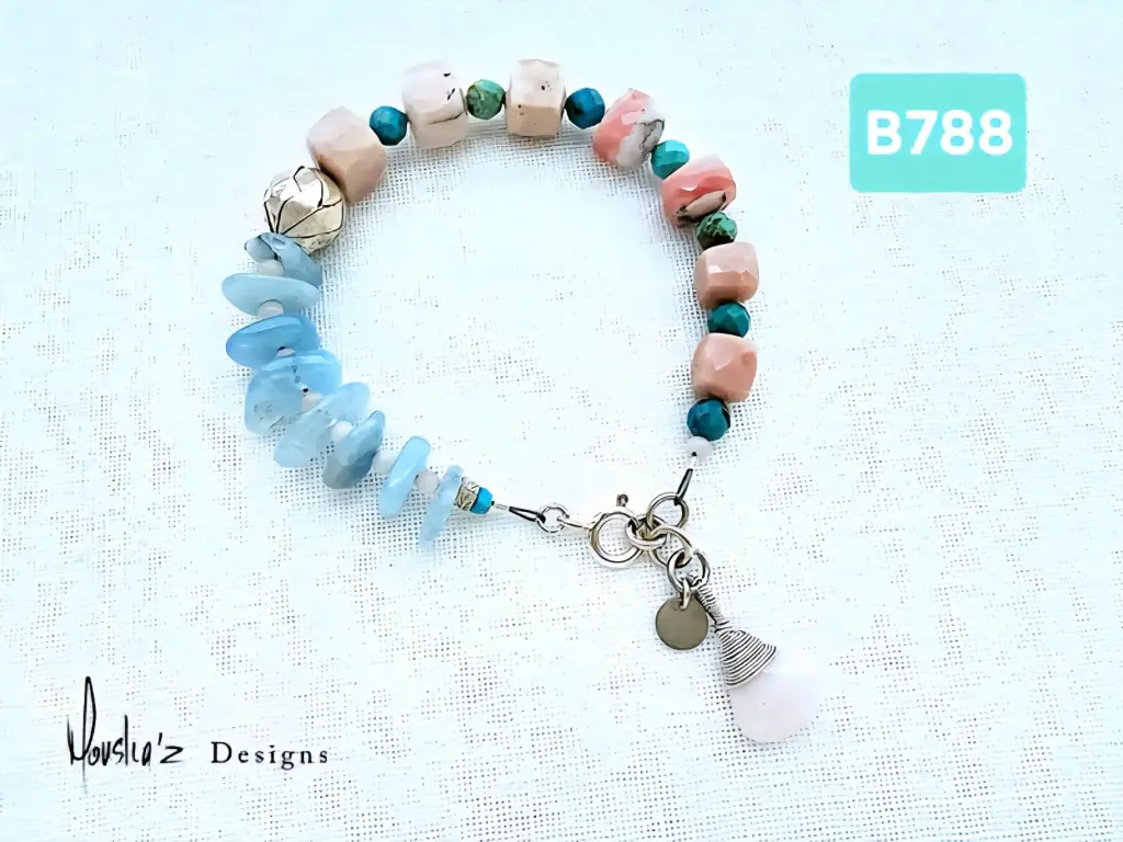 (B788) Pink Peruvian Opal, Turquoise & Aquamarine Bracelet