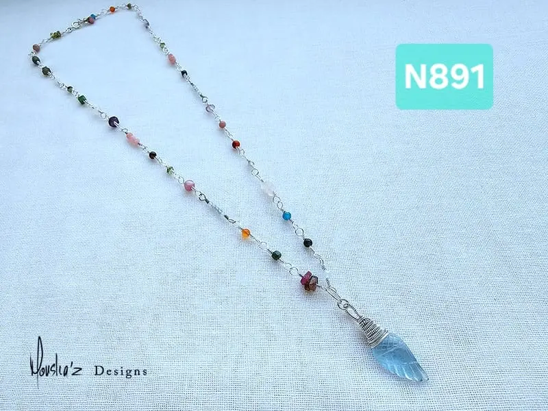 (N891) mix of Gemstones long Necklace with wing shape carved Aquamarine Pendant