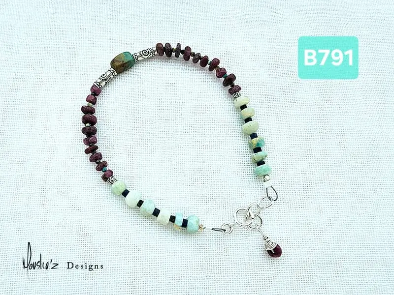 (B791) Turquoise,  Raw Ruby, Raw Amazonite & Lapis Lazuli. Bracelet