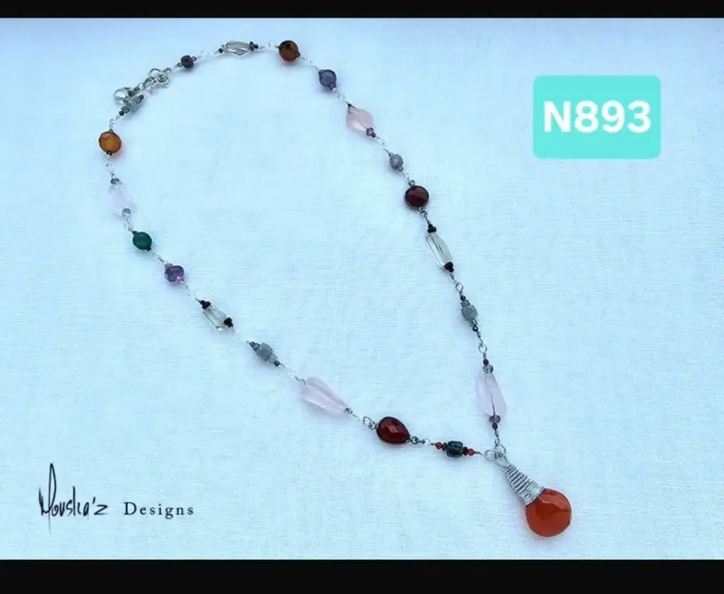 (N893) Carnelian, Rose Quartz, Aquamarine,  Green Amethyst,  Pink Tourmaline, Grey Moonstone, Green Kyanite, Amethyst,  Agate & Ruby necklace 