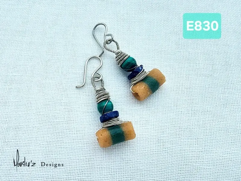 (E830) african Beads, malachite & Lapis Lazuli Earrings 