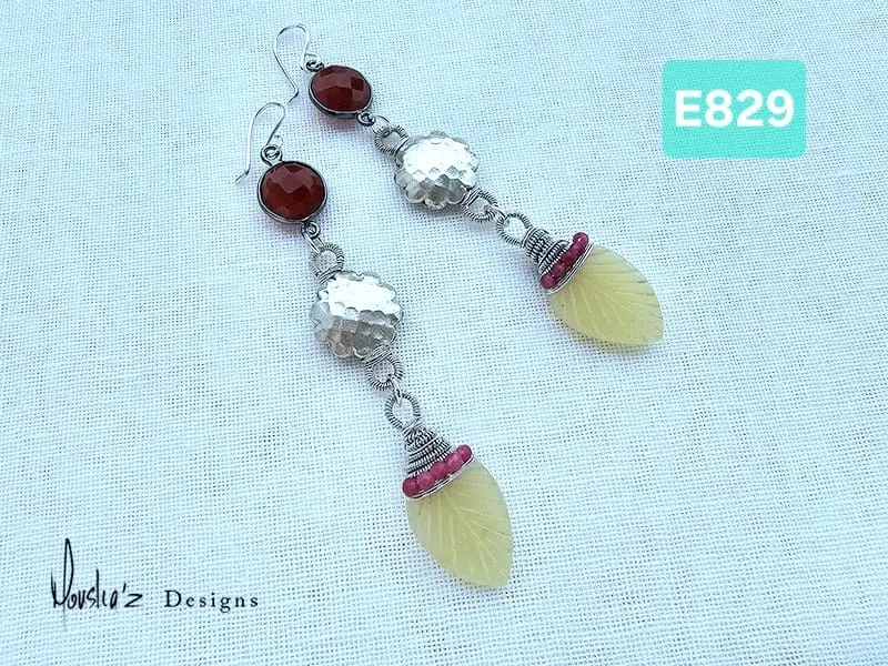 (E829) Yellow Peruvian Opal, Ruby & Carnelian Earrings 
