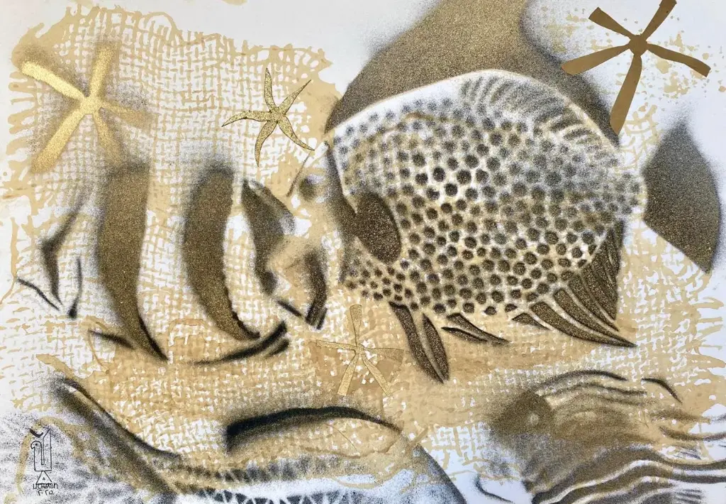 Embracing the Ocean 1 - (Columbian coffee and acrylic inks sprayed through the paper- cut) (42x30cm)