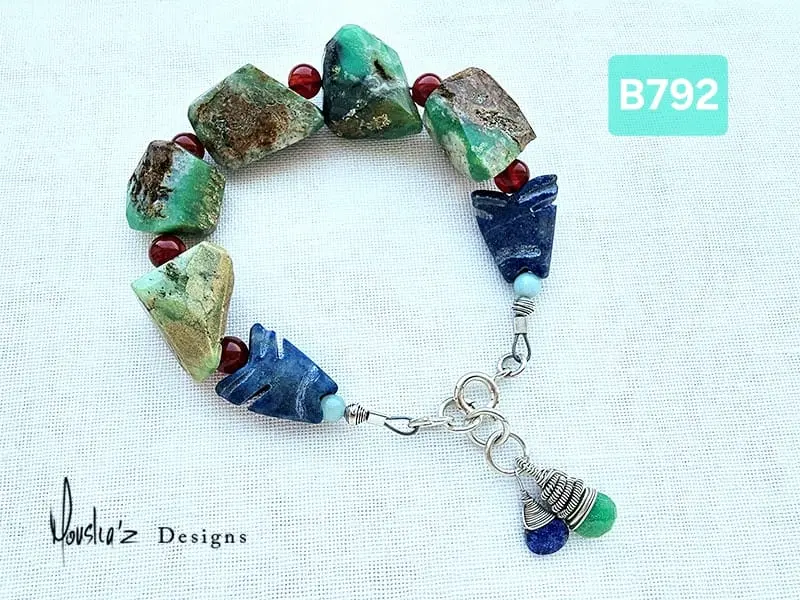 (B792)  Carved Lapis Lazuli, rough cut Chrysoprase & Agate Bracelet