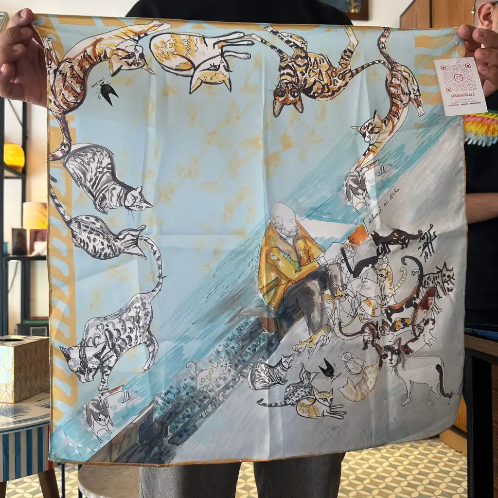 Stray Cat Scarf Square (Satin-Silk)-(BLUE)-(56x56cm)