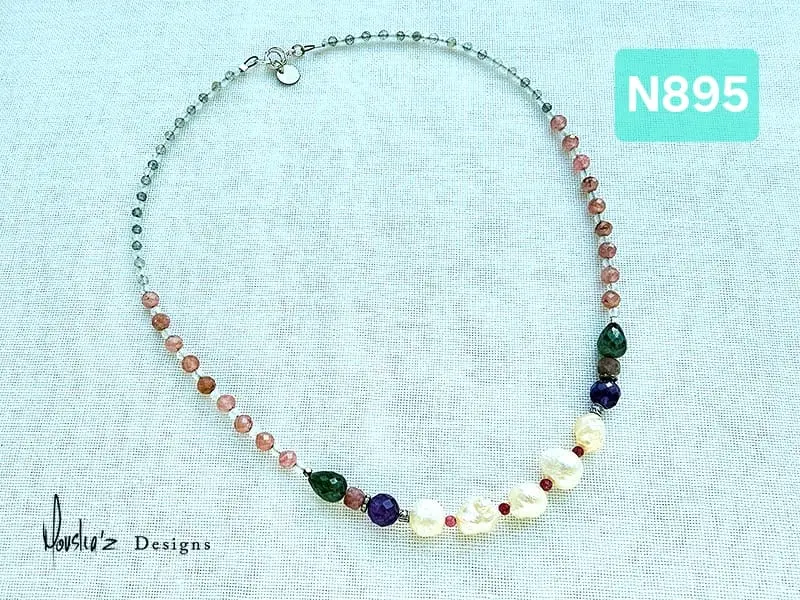 (N895) Rosebud Drusy Pearl, Amethyst,  Ruby, Aquamarine,  Pink Tourmaline,  Rhodochrosite,  Moonstone & Labradorite