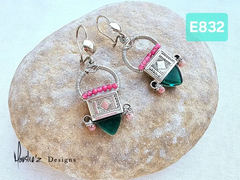 (E832) Green Onyx, Rhodochrosite & Ruby,Traditional Twareg Piece Earrings