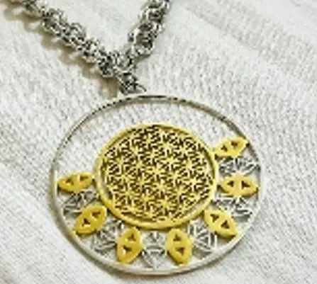 Silver  flower of life with half circle gold big Necklace