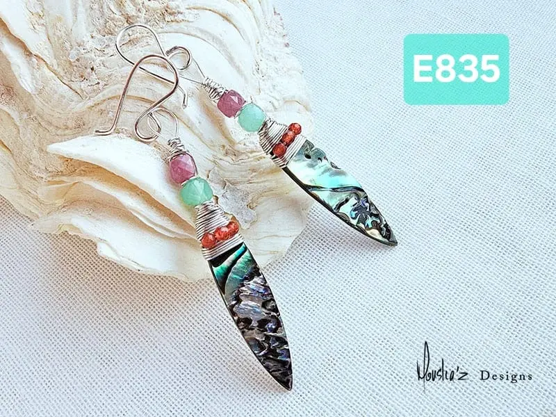 (E835) Abalone Shell, Chrysoprase, Pink Tourmaline & Agate Earrings