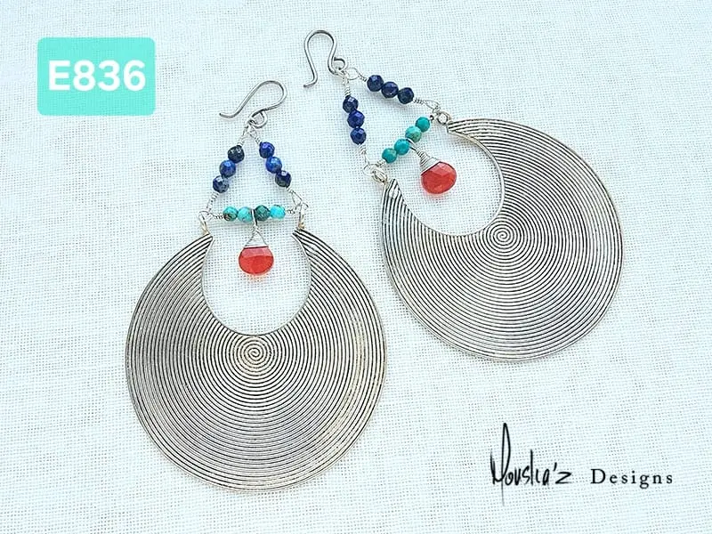 (E836)  Big pair of Tribal silver from Laos with Carnelian, Turquoise & Lapis Lazuli earrings 