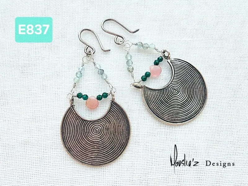 (E837) Tribal Silver from Laos with Rhodochrosite,  Green Onyx & Aquamarine Earrings 
