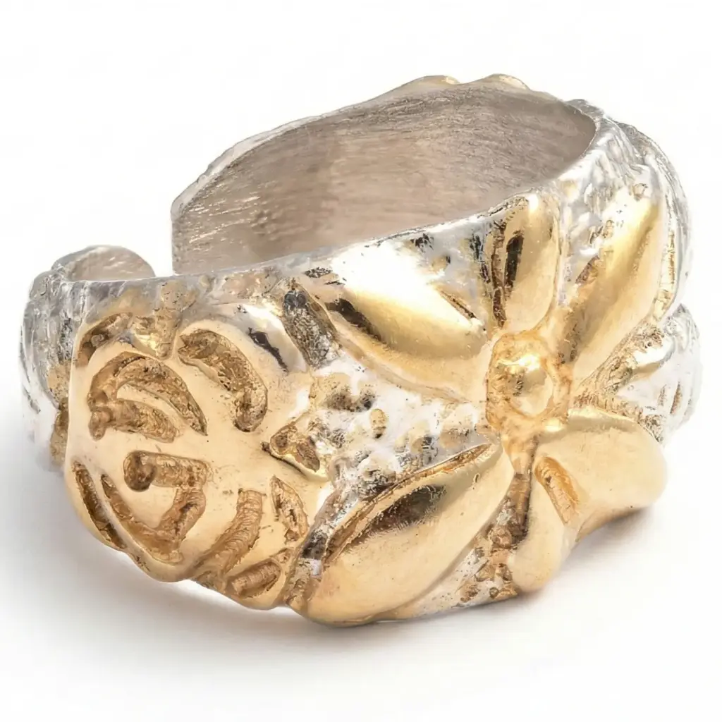 Flowery Collection, Handmade Sterling Silver, Gold & platinum plated ,Engraved Flowers & Leaves Wide Adjustable Ring