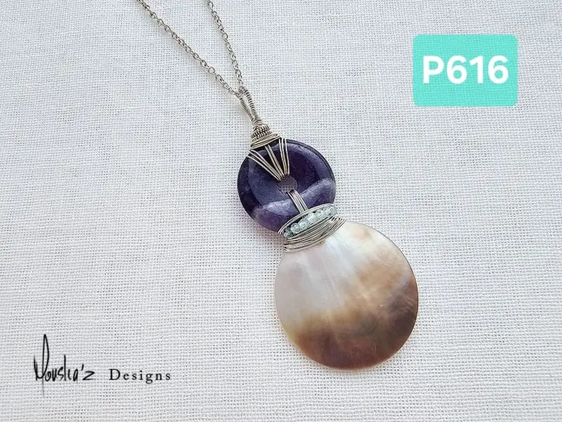(P616)  Amethyst,  Mother of Pearl & Aquamarine Pendant 