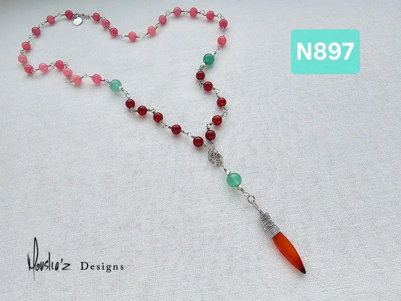 (N897) Agate, Green Aventurine & Rhodochrosite Necklace 