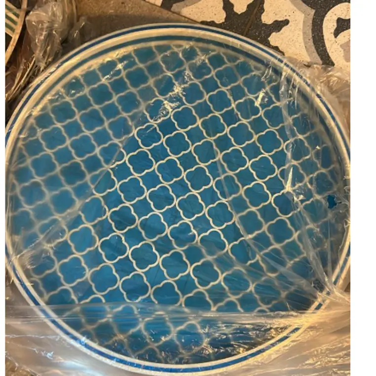 Modern Arabesque Round Tray (White & Blue)