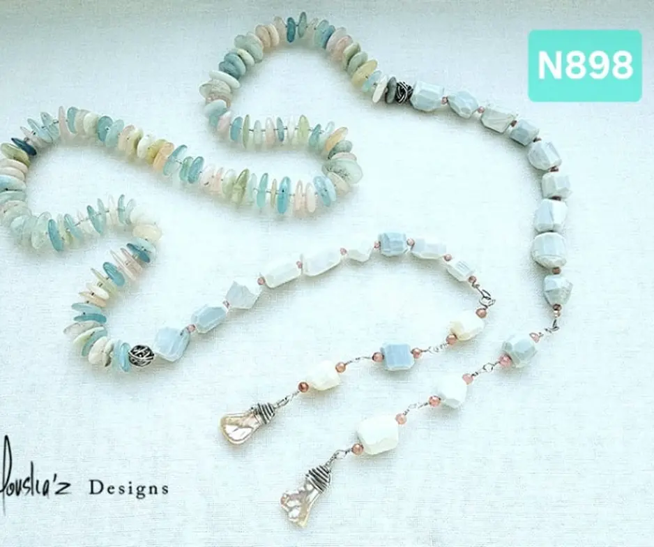 (N898) Morganite,  Rhodochrosite, Blue Peruvian Opal & Rose Pearl. Long wrap up/ scarf necklace
