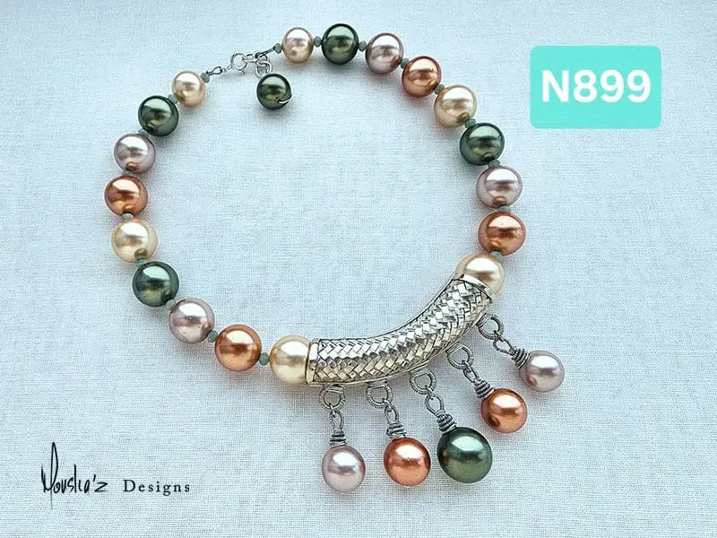 (N899) Spanish Majorca Pearl & Amazonite necklace with a tribal handmade silver centerpiece feom Laos Necklace