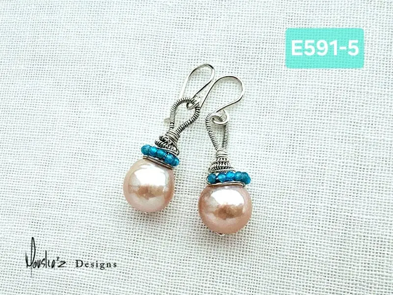 (E591-5) White Pearl with blue Apatite Earrings