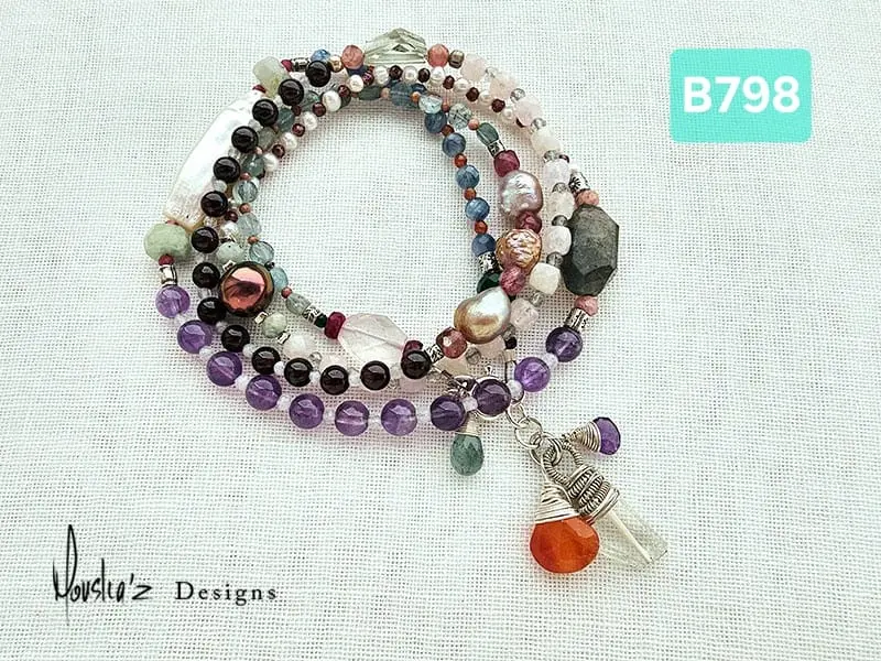 (B798)  long wrap up bracelet with a mix of Gemstones, Aquamarine,  Garnet, Green Onyx, Rhodochrosite,  Pearl, Blue Kyanite & more