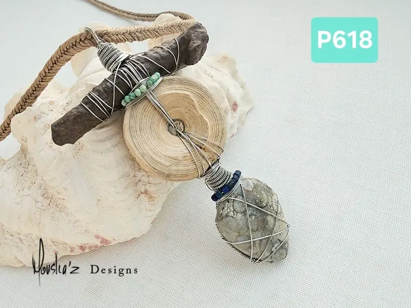 (P618) Fossil Coral Agate, Fossilized Shark Vertebrae,  Petrified Wood, Lapis Lazuli & african Turquoise. A unique rustic Piece. (Note to customer: dont wear while swimming)