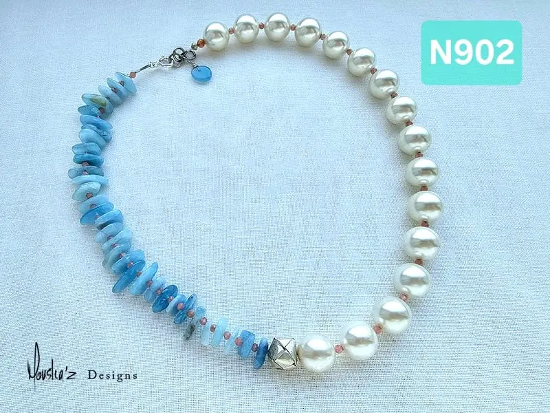 (N902) Spanish Majorca Pearl, Aquamarine & Rhodochrosite Necklace