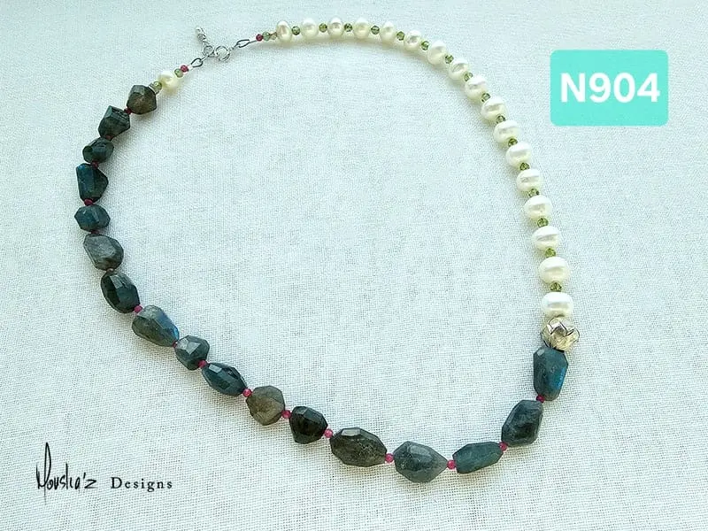 (N904) Pearl, fine Indian cut Labradorite, Ruby & Peridot necklace
