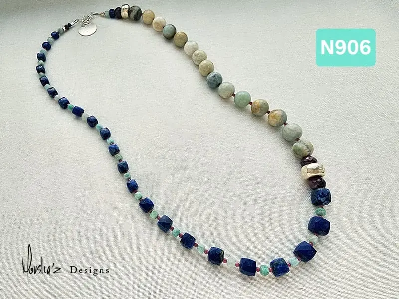 (N906) Lapis Lazuli and Amazonite with tiny cut Ruby, fine detailed Indian cut Gemstones Necklace