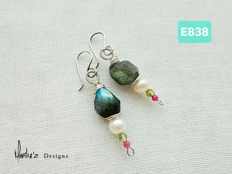 (E838) Labradorite,  Pearl, Peridot & Ruby Earrings