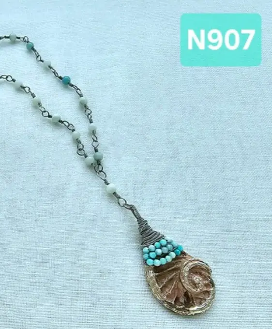 (N907) rustic seashell silver pendant in an Amazonite long Necklace