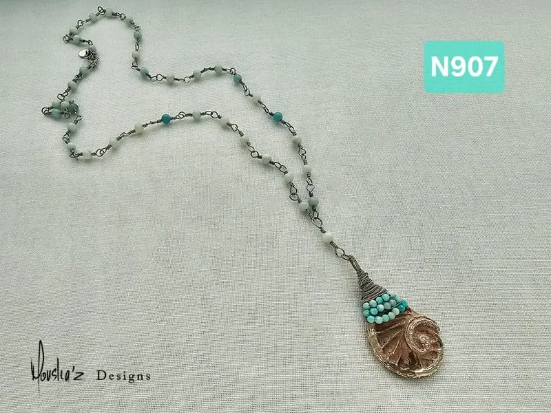 (N907) rustic seashell silver pendant in an Amazonite long Necklace