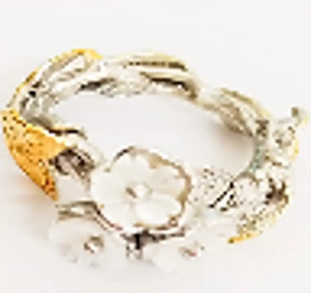 Flowery Collection, Handmade Sterling Silver, Gold  Plated , 3 Mother Of Pearls Small Flowers & Silver Leaves Ring 