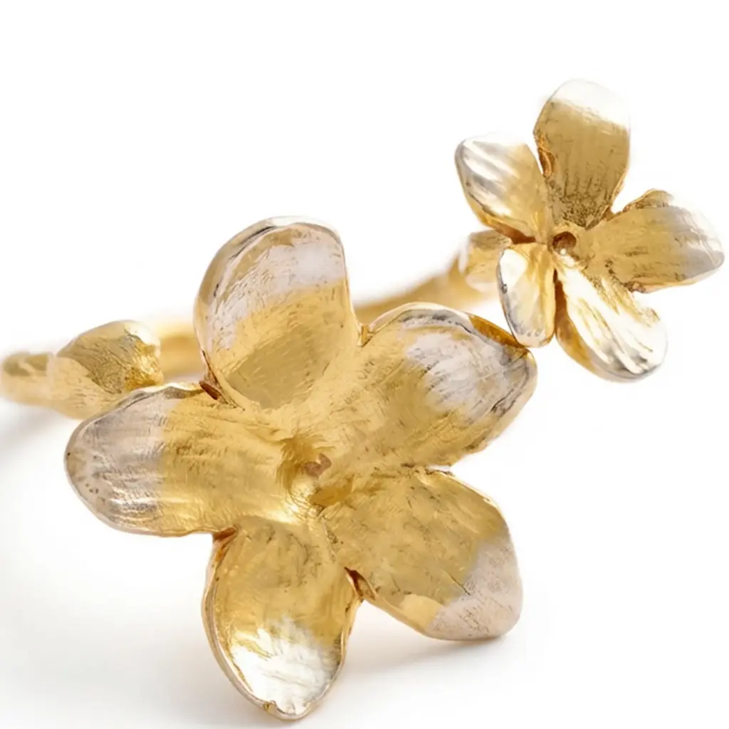 Flowery Collection, Handmade Sterling Silver, Gold  plated ,Engraved 2 Jasmine Flowers Adjustable Ring 