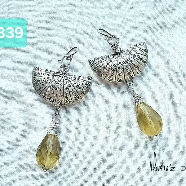 (E839) Lemon Topaz Indian Cut Briolette stones with traditional tribal Loas handmade silver pieces
