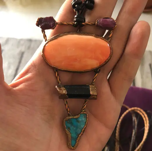 (GYN067) sea shell, ruby, black Tourmaline & Egyptian Turquoise necklace