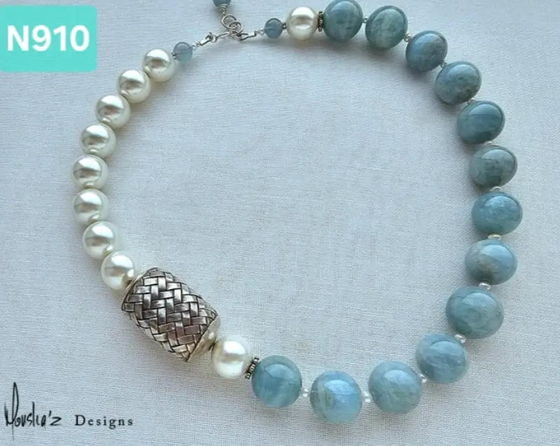 (N910) Aquamarine & White Spanish Majorca Pearl with a rich tribal handmade silver piece from Laos Necklace
