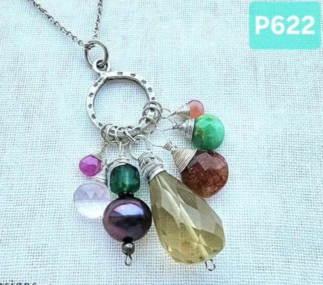 (P622) lemon Topaz, Strawberry Quartz,  Chrysoprase,  Pearl, Rhodochrosite, Rose Quartz & Pink Sapphire pendant