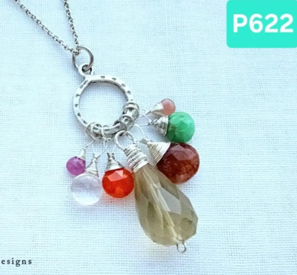 (P622) lemon Topaz, Strawberry Quartz,  Chrysoprase,  Pearl, Rhodochrosite, Rose Quartz & Pink Sapphire pendant