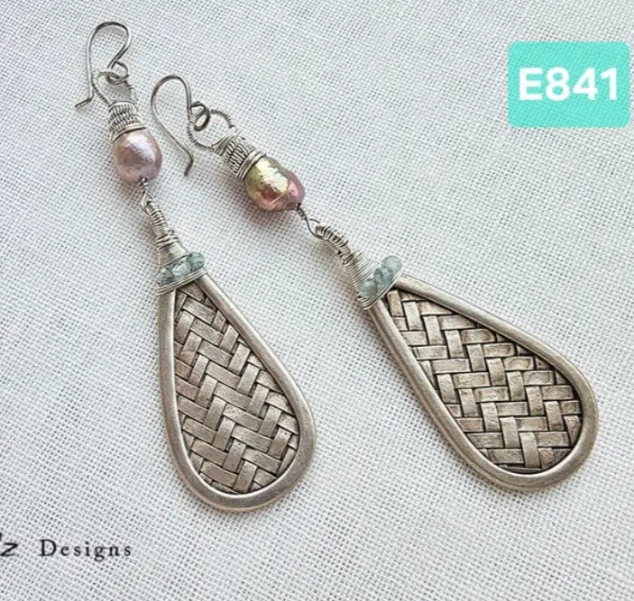 (E841) handmade tribal silver from Laos with Aquamarine & Rosebud Pearl Earrings