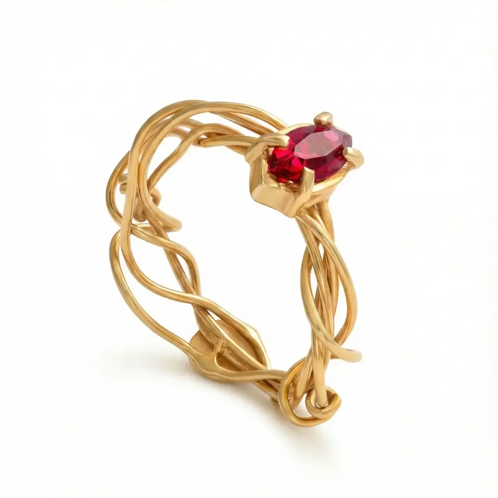 Essential collection , Handmade , Sterling Silver , Gold Plated , Wire Ring With Marquise Synthetic Ruby Stone