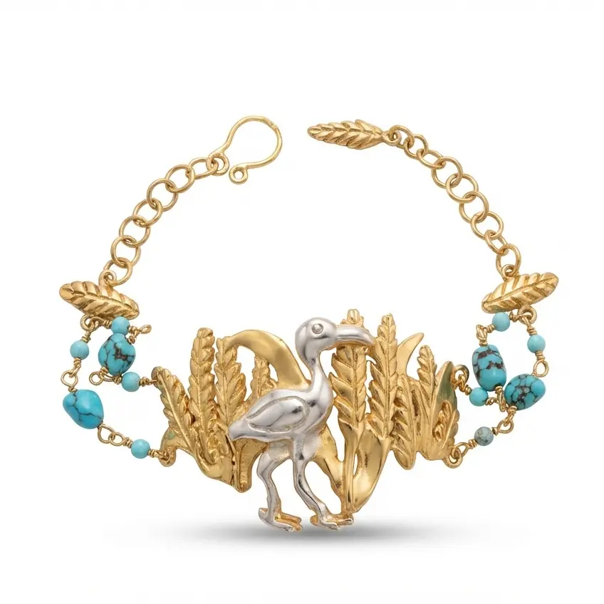 pharaonic Collection , Bracelet  , Ibis Bird In The Wheat Field , Handmade Sterling Silver, Gold & Platinum Plated With Original Turquoise  Stone Stones