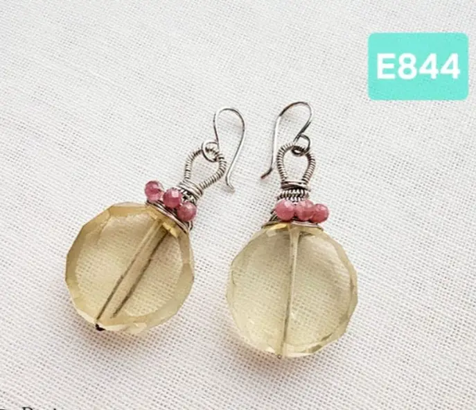(E844) fine Indian Cut Lemon Topaz with pink Tourmaline earrings