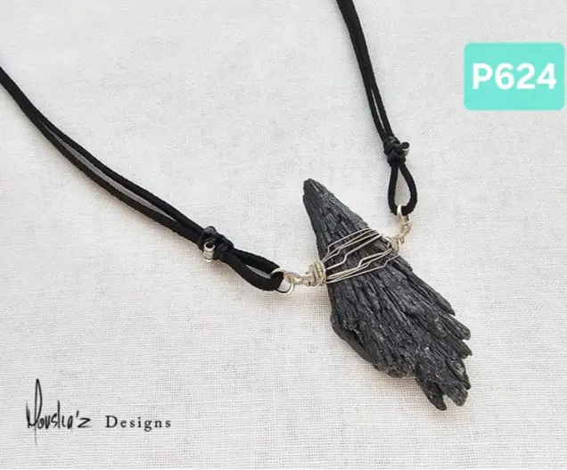 (P624) Raw Black Kyanite pendant in Gemuine black Suede leather Pendant