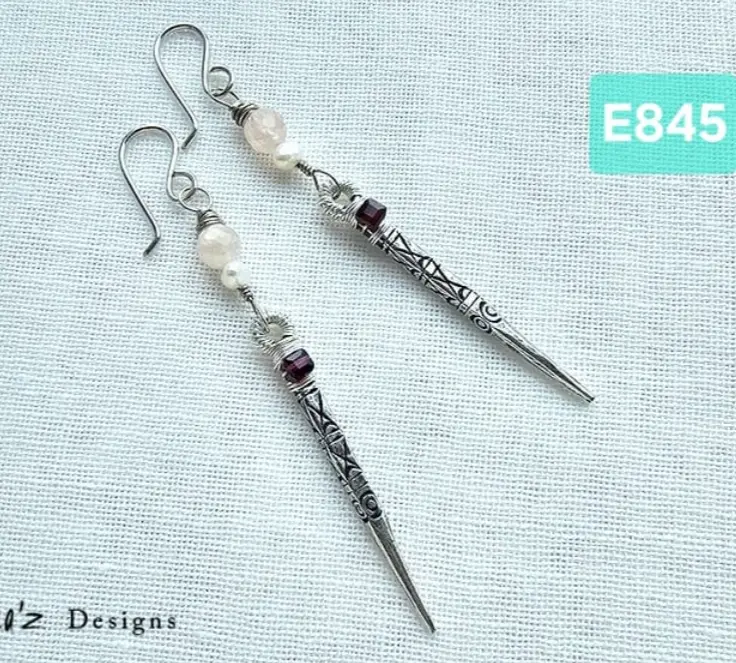 (E845) Garnet, Pearl & Rose Morganite with handmade tribal silve earrings