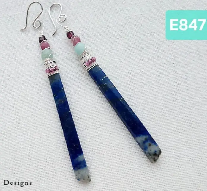 (E847) Long delicate cut Lapis Lazuli with Garnet,  Amazonite and pink Tourmaline Earrings