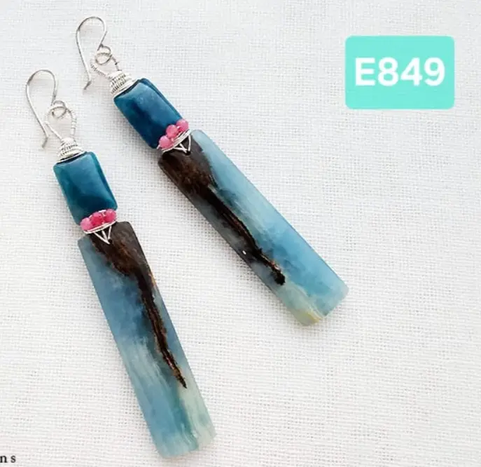 (E849) a rare pair of Aquatic Blue Calcite with blue Apatite & ruby Earrings