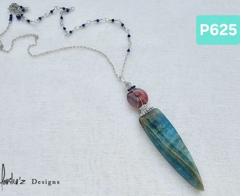 (P625) rare Aquatic Blue Calcite stone with donut shape Pink agate, Tribal Handmade silver beads & Lapis Lazuli Pendants