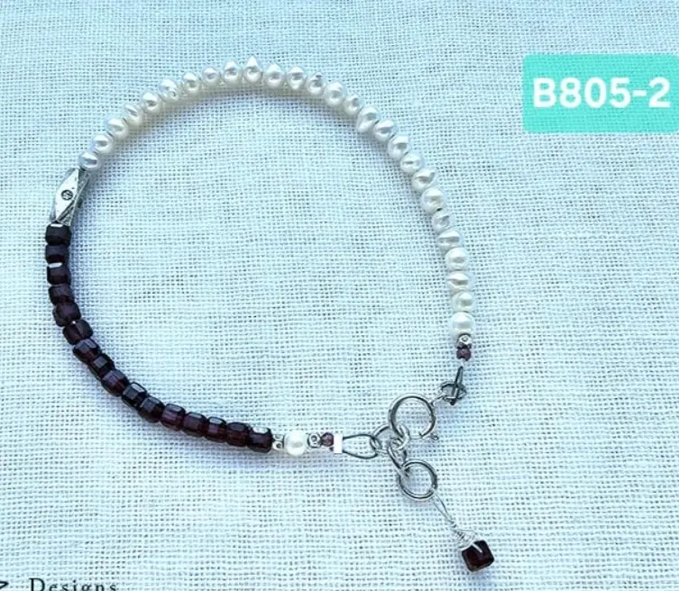 (B805-2) White pearl with fine cubic cut Garnet & tribal handmade silver Bracelet