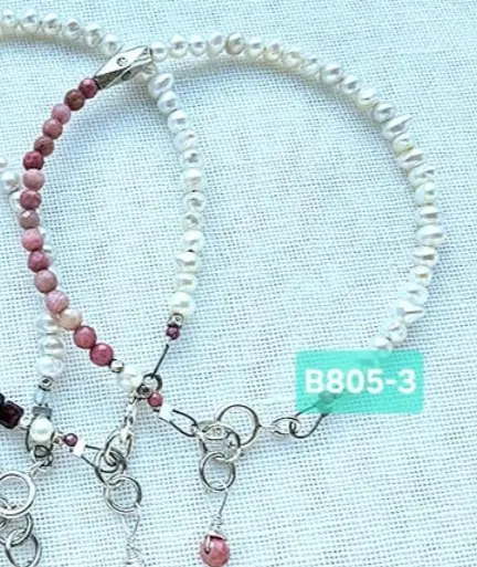 (B805 -3) white Pearl with fine cut Rhodonite & tribal handmade silver Bracelet